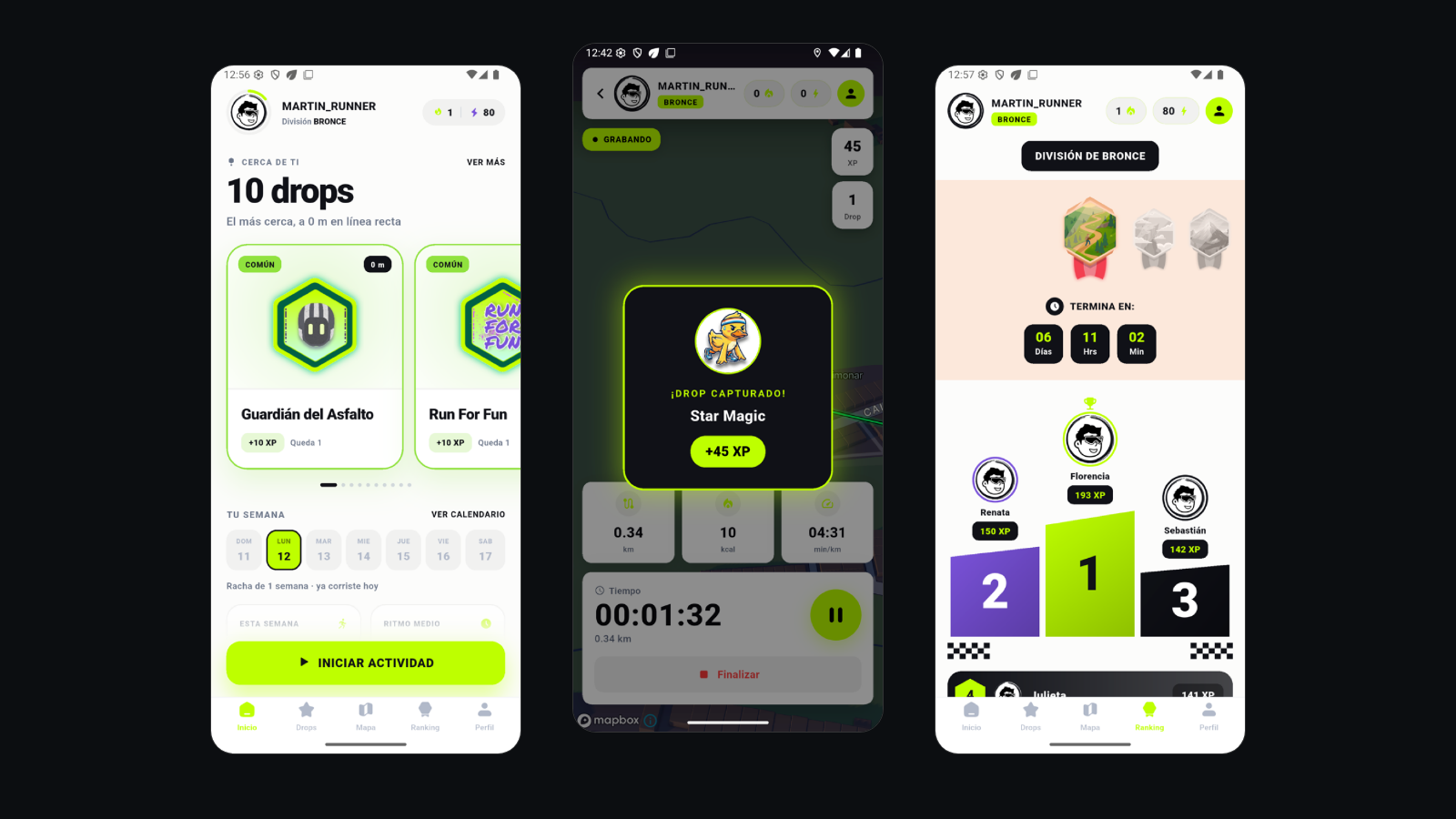 Three Dromo screens: nearby drops on the home tab, a drop captured mid-run, and the weekly league podium