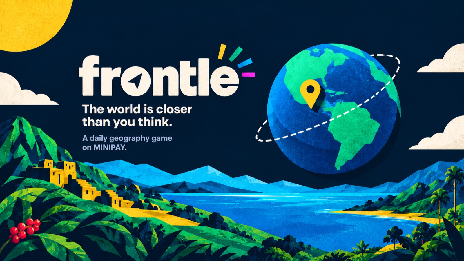 Frontle artwork: the logotype and the line “The world is closer than you think” over a landscape of mountains and a lake, with the Earth and an orbiting location pin