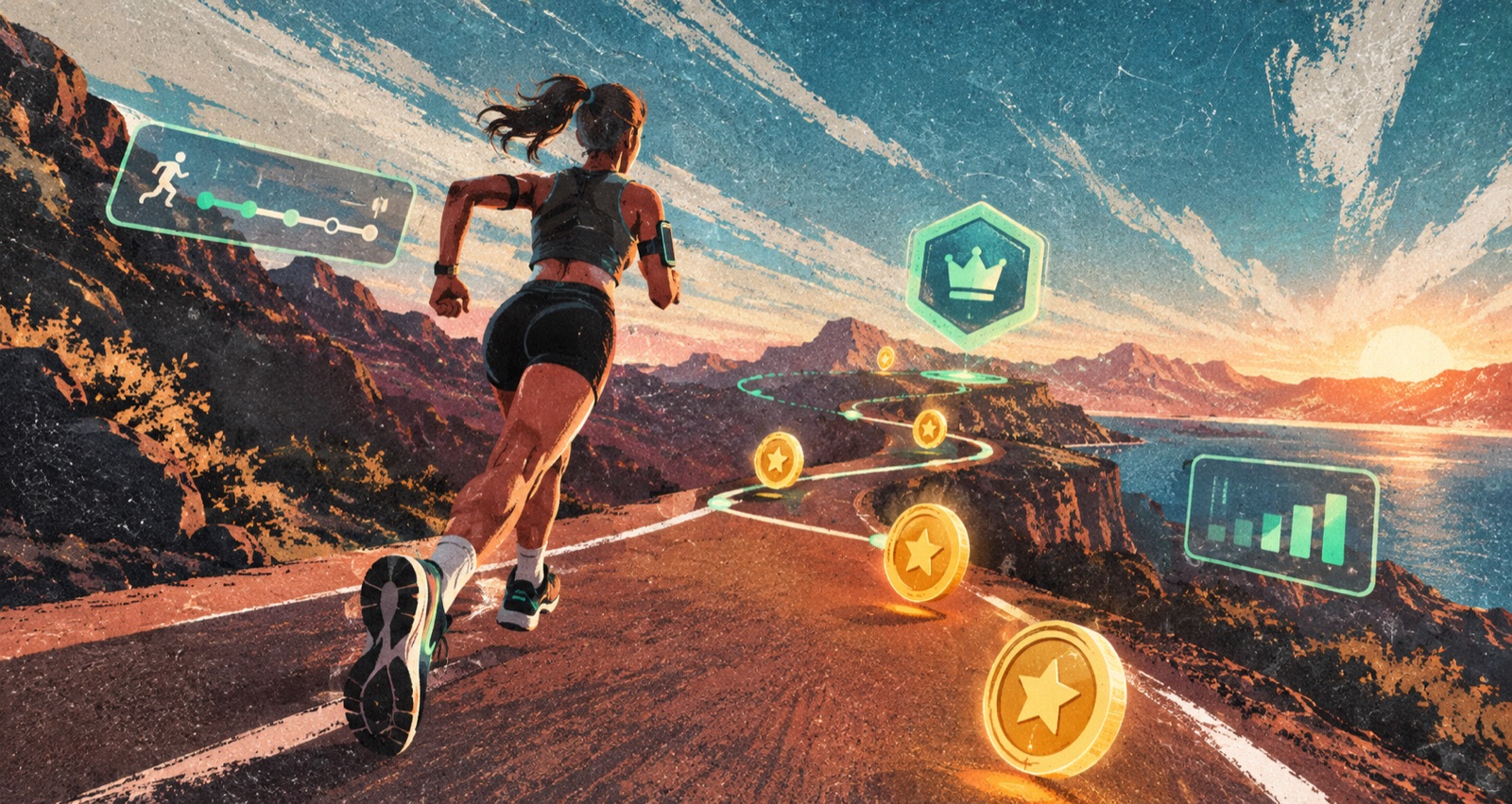 A runner seen from behind on a coastal mountain road at sunset, with coins, badges and stat panels floating along the route